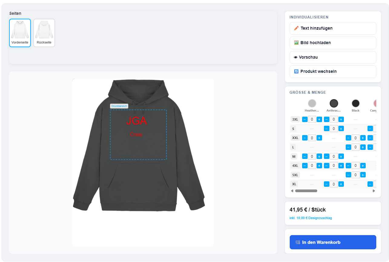 Online-Designer mit Live-Vorschau eines Shirt-Motivs