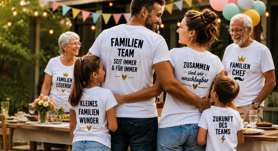 Familie in passenden T-Shirts auf Geburtstagsfeier